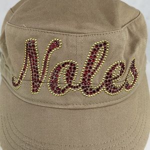 Distressed Red Crystal Gold Stud NOLES Florida State Hat Military Newsie Style